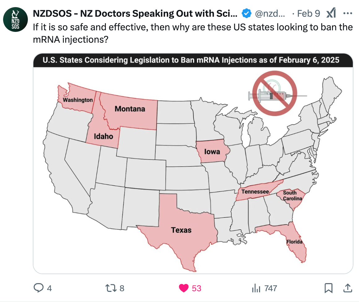 NZDSOS on X - If it is so safe and effective, then why are these US states looking to ban the mRNA injections?