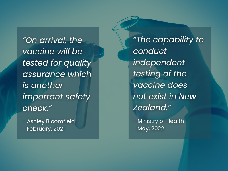 On arrival, the vaccine will be tested for quality assurance which is another important safety check' - Ashley Bloomfield 2021, and 'The capability to conduct independent testing of the vaccine does not exist in New Zealand' - Ministry of Health 2022.